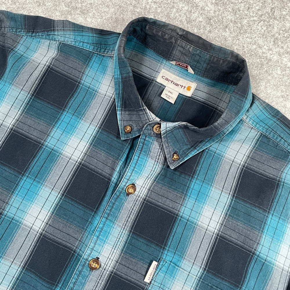 Carhartt Mens Button Down Shirt 2XL Blue Plaid Relaxed Fit 100% Cotton